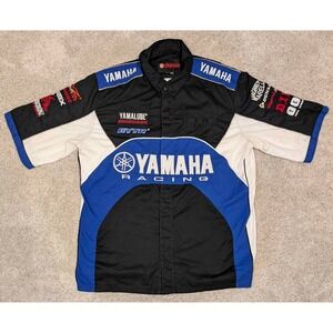 Yamaha Racing Short Sleeve Work Shirt Men's XL Black Blue GYTR Sponsor Logos